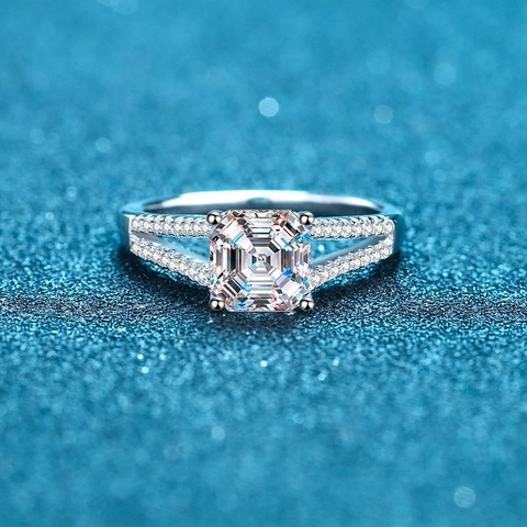 Luxury S925 Sterling Silver Asscher Cut Moissanite Ring For Women Split Shank Zirconia Engagement Ring Fine Jewelry