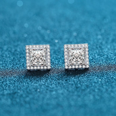 Pendientes de Botón de Lujo de Plata de Ley 925 con Moissanita Corte Princesa Halo Cuadrados Micro Pavé Strass Joyería Mujer
