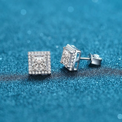 Pendientes de Botón de Lujo de Plata de Ley 925 con Moissanita Corte Princesa Halo Cuadrados Micro Pavé Strass Joyería Mujer