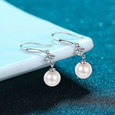 925 Sterling Silver Moissanite Freshwater Pearl Hook Earrings For Women Elegant Minimalist Jewelry Sparkling Drop Earrings