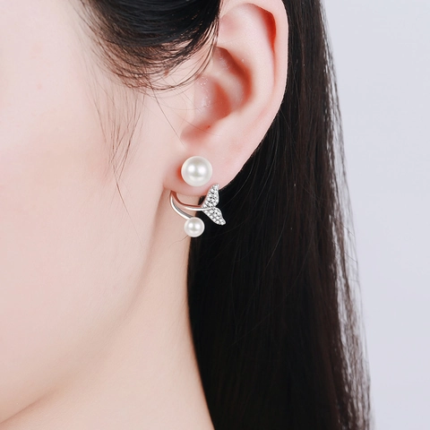 Orecchini a Bottone in Argento Sterling 925 Moissanite Perla d'Acqua Dolce a Forma di Coda di Sirena Gioielli da Donna