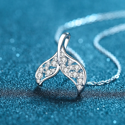 S925 Sterling Silver Mermaid Tail Moissanite Pendant Necklace For Women Elegant Whale Tail Minimalist Jewelry Anniversary Gift