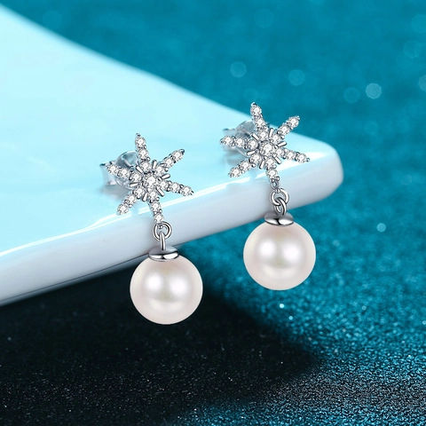 Orecchini a Bottone a Fiocco di Neve in Argento Sterling 925 Con Moissanite e Perla d'Acqua Dolce Gioielli Eleganti Donna