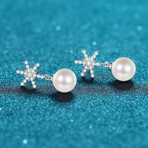 Orecchini a Bottone a Fiocco di Neve in Argento Sterling 925 Con Moissanite e Perla d'Acqua Dolce Gioielli Eleganti Donna