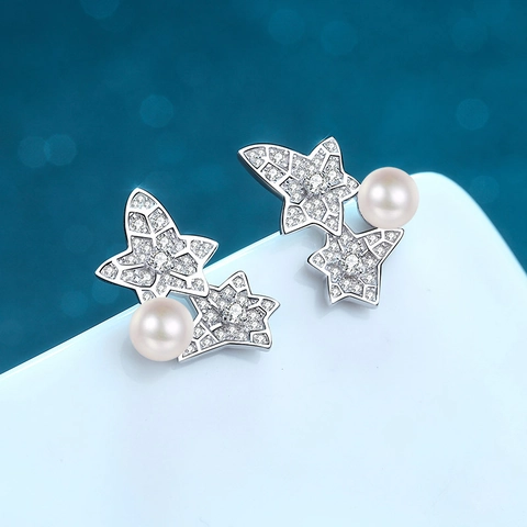 925 Sterlingsilber Moissanit Süßwasserperle Ohrstecker Für Damen Stern Blumenblatt Form Elegante Fine Jewelry Geschenk