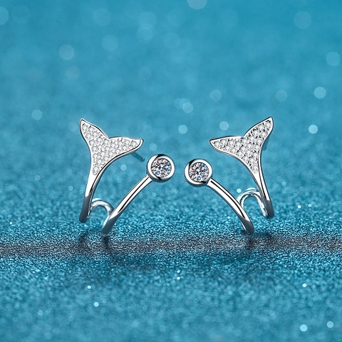 925 Sterling Silver Mermaid Tail Stud Earrings For Women Luxurious Moissanite Fish Tail Earrings Elegant Ocean Inspired Jewelry