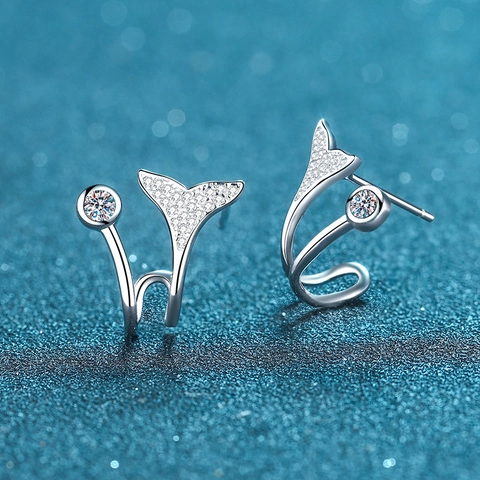 925 Sterling Silver Mermaid Tail Stud Earrings For Women Luxurious Moissanite Fish Tail Earrings Elegant Ocean Inspired Jewelry