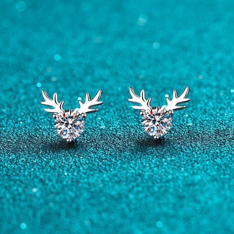 925 Sterling Silver Antler Stud Earrings With Moissanite Zirconia Inlaid Reindeer Design Christmas Jewelry Gift For Women