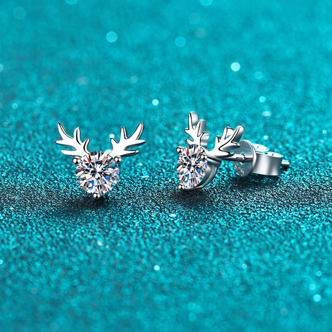 925 Sterling Silver Antler Stud Earrings With Moissanite Zirconia Inlaid Reindeer Design Christmas Jewelry Gift For Women