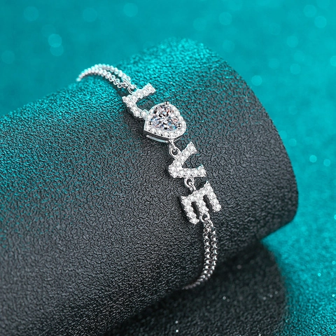 925 Sterling Silver Moissanite Bracelet For Women Heart Love Letter Charm Zirconia Bracelet Valentine's Day Jewelry Gift