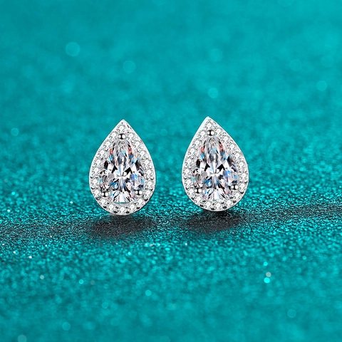S925 Sterling Silver Pear Shaped Moissanite Halo Stud Earrings For Women Elegant Waterdrop Zirconia Jewelry Accessories Gift
