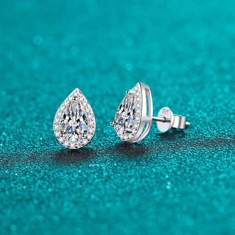 S925 Sterling Silver Pear Shaped Moissanite Halo Stud Earrings For Women Elegant Waterdrop Zirconia Jewelry Accessories Gift