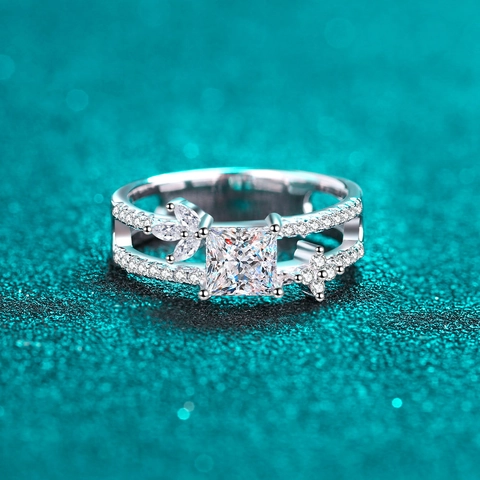 S925 Sterling Silver Princess Cut Moissanite Ring For Women Elegant Double Row Hollow Zirconia Wedding Band Fine Jewelry