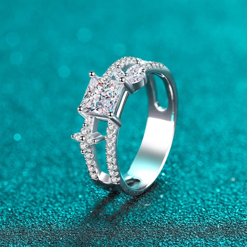 S925 Sterling Silver Princess Cut Moissanite Ring For Women Elegant Double Row Hollow Zirconia Wedding Band Fine Jewelry