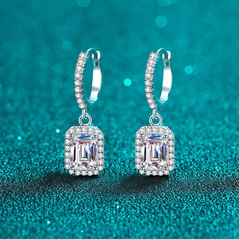 Orecchini Pendenti in Argento Sterling 925 Moissanite Zirconia Taglio Smeraldo per Donna Gioielli Halo Moissanite Accessori