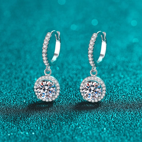 925 Sterling Silver Moissanite Zirconia Hoop Earrings For Women Round Halo Dangle Earring Sparkling Wedding Jewelry Gift