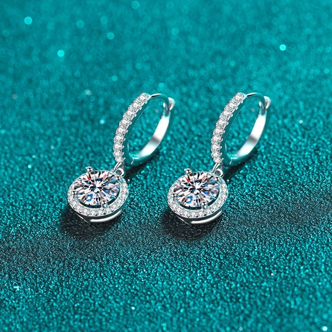 925 Sterling Silver Moissanite Zirconia Hoop Earrings For Women Round Halo Dangle Earring Sparkling Wedding Jewelry Gift