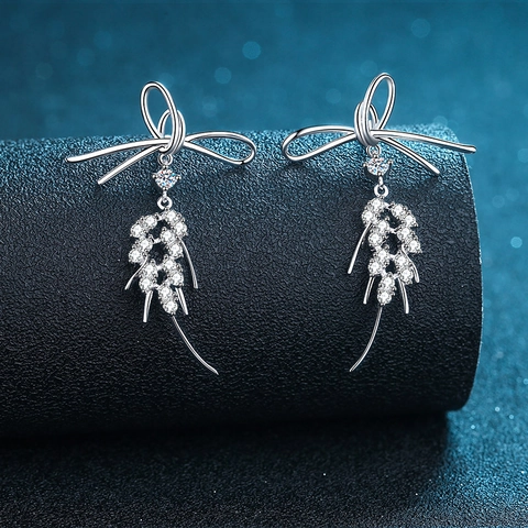 925 Sterling Silver Moissanite Bowknot Dangle Stud Earrings Elegant Wheat Ear Drop Earrings For Women Wedding Party Jewelry