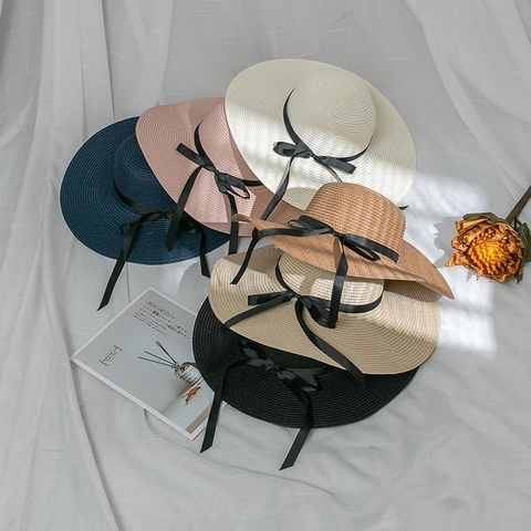 Women's Wide Brim Straw Hat Foldable Summer Beach Sun Hat With Bow Ribbon For Travel Holiday Outdoor Accessories