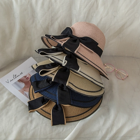 Women's Wide Brim Straw Hat Elegant Large Bow Ribbon Summer Beach Sun Hat Foldable Woven Papyrus Sun Protection Travel Vacation Cap