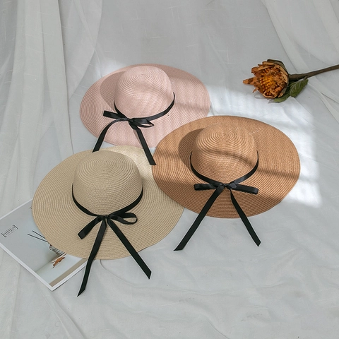 Women's Wide Brim Straw Hat Foldable Summer Beach Sun Hat With Bow Ribbon For Travel Holiday Outdoor Accessories
