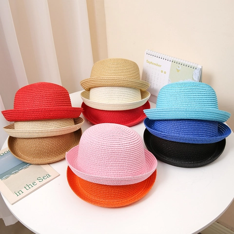 Summer Woven Paper Straw Fedora Hat For Women Kids Curled Brim Sun Protection Beach Hat Breathable Solid Color Accessory