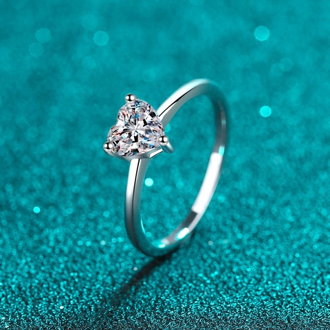 Bague en Argent Sterling S925 Moissanite en Forme de Cœur pour Femme Plaqué Rhodium Minimaliste Bague de Fiançailles Bijoux