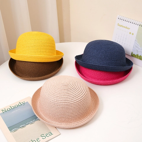Summer Woven Paper Straw Fedora Hat For Women Kids Curled Brim Sun Protection Beach Hat Breathable Solid Color Accessory