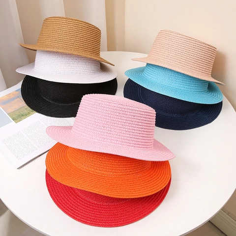 Fashion Summer Paper Straw Boater Hat For Women Men Flat Top Wide Brim Sun Protection Foldable Beach Travel Straw Sunhat