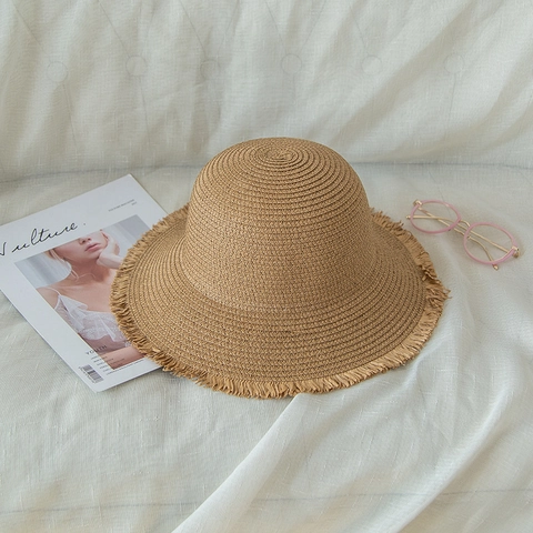 Sombrero de Paja de Papel Plegable de Ala Ancha para Mujer Sombrero de Sol Trenzado de Playa con Borde Deshilachado