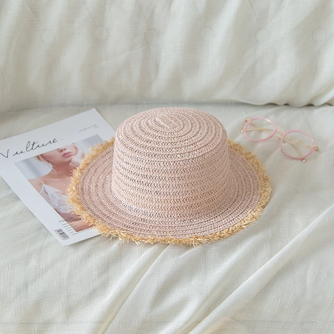 Sombrero Boater de Paja de Papel de Copa Plana para Mujer Con Borde Deshilachado Protección Solar Transpirable Verano Playa Ala Ancha