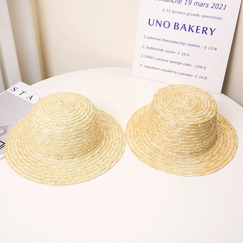 Cappello Boater in Paglia di Grano Fatto a Mano Parte Superiore Piatta Tesa Larga Cappello da Sole Con Fiocco in Nastro Nero per Donna Bambini