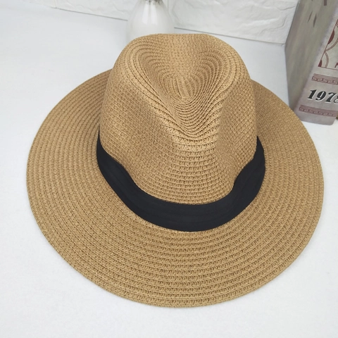 Unisex Sommer Papierstroh Fedora Hut Breite Krempe Strand Sonnenhut Mit Schwarzem Band Vintage Jazz Panama Hut Für Damen Herren