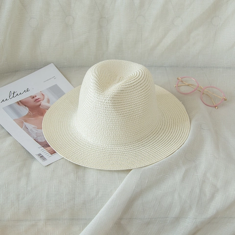 Women's Summer Paper Straw Fedora Hat Wide Brim Sunshade Beach Travel Vintage Jazz Panama Style Sun Hat Breathable Outdoor Cap