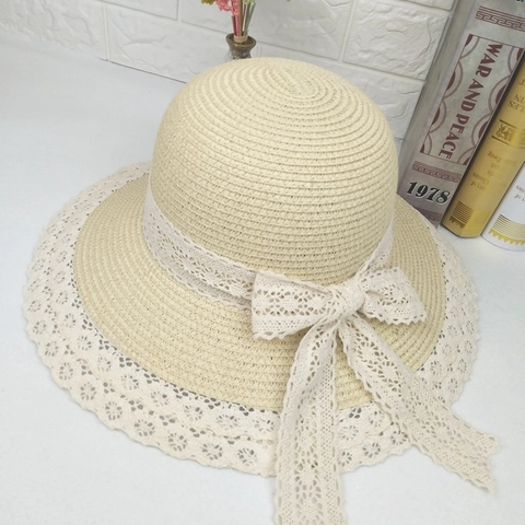 Women Summer Straw Bucket Hat With Lace Trim Bow Decoration Wide Brim Sun Protection Foldable Beach Travel Straw Sun Hat