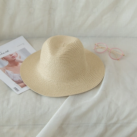 Women's Summer Paper Straw Fedora Hat Wide Brim Sunshade Beach Travel Vintage Jazz Panama Style Sun Hat Breathable Outdoor Cap