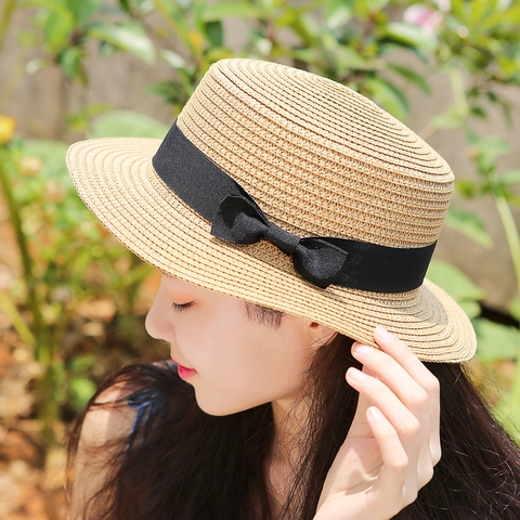 Elegant Hand Woven Paper Straw Boater Hat For Women Kids Summer Beach Sun Protection Vintage Flat Top Hat With Bow Ribbon