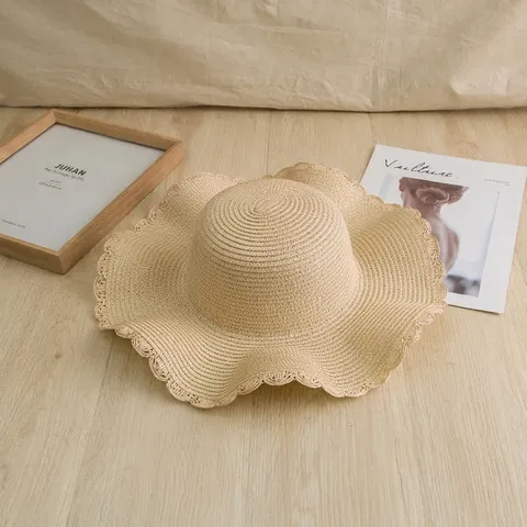 Damen Sommer Papier Strohhut Breite Krempe Wellenkante Sonnenschutz Strand Urlaub Faltbarer Atmungsaktiver Sonnenhut