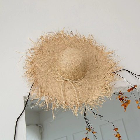 Sombrero de Sol de Paja de Rafia Tejido a Mano Bohemio para Mujer Hombre Ala Ancha Sombrero de Playa con Flecos