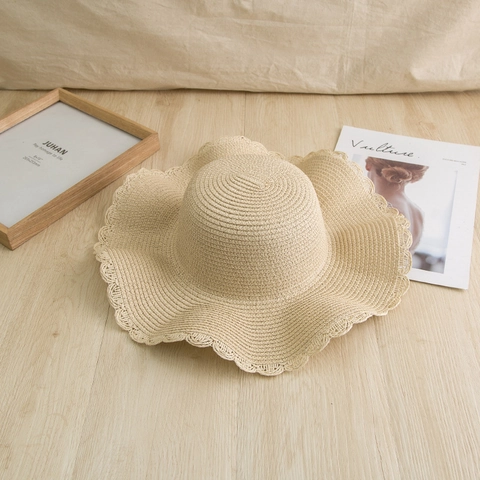 Damen Sommer Papier Strohhut Breite Krempe Wellenkante Sonnenschutz Strand Urlaub Faltbarer Atmungsaktiver Sonnenhut
