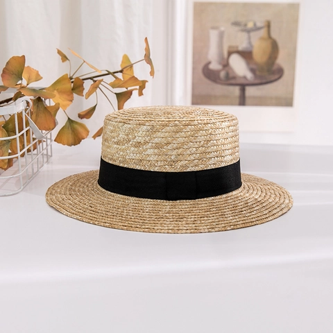 Flacher Weizenstroh Boater Hut Für Herren Damen Breite Krempe Sonnenschutz Strand Strohhut Mit Schwarzem Band Einfacher Vintage Stil