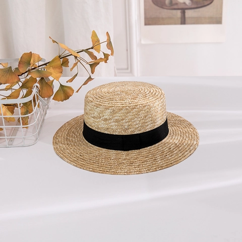 Flacher Weizenstroh Boater Hut Für Herren Damen Breite Krempe Sonnenschutz Strand Strohhut Mit Schwarzem Band Einfacher Vintage Stil