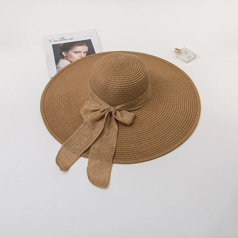 Women Elegant Wide Brim Paper Straw Hat With Bow Knot Ribbon Sun Protection Summer Beach Vacation Breathable Sun Hat Cap