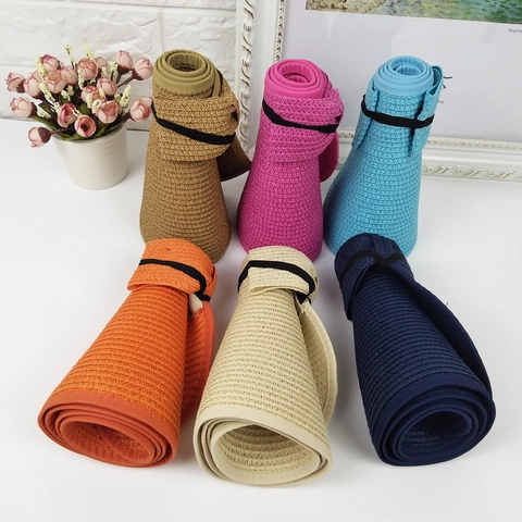 Women Foldable Straw Visor Hat Wide Brim Empty Top Sun Hat Braided Paper Fiber Roll Up Beach Hat UV Protection Summer Headwear