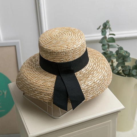 French Vintage Wheat Straw Boater Hat Women Summer Beach Sun Protection Wide Brim Hand Woven Flat Top Straw Hat Black Ribbon Bow