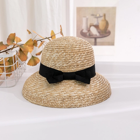 Vintage Französische Damen Papierstrohhut Breite Krempe Schleife Band Glockenförmig Handgewebter Strand Sommerhut Für Frauen
