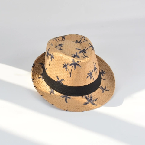 Men Summer Paper Straw Fedora Hat Breathable Sun Protection Beach Travel Coconut Tree Print Ribbon Decoration Casual Hat
