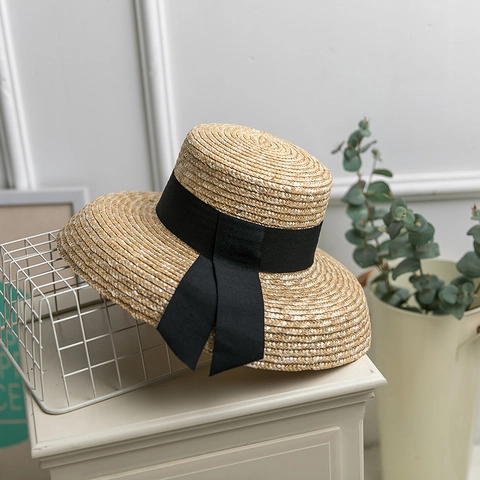 French Vintage Wheat Straw Boater Hat Women Summer Beach Sun Protection Wide Brim Hand Woven Flat Top Straw Hat Black Ribbon Bow