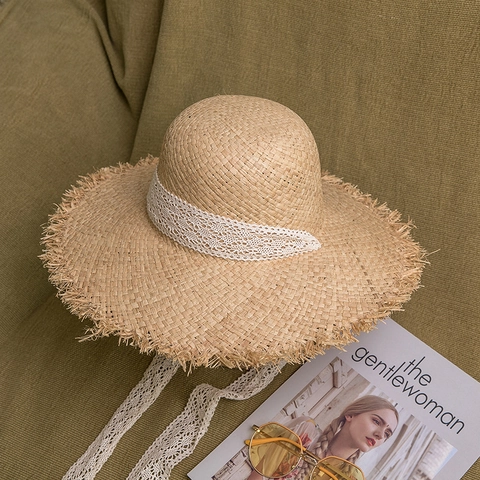 Sombrero de Paja de Rafia Retro Francés para Mujer Verano Ala Ancha Protección Solar Sombrero de Playa Con Cinta de Encaje Borde Deshilachado
