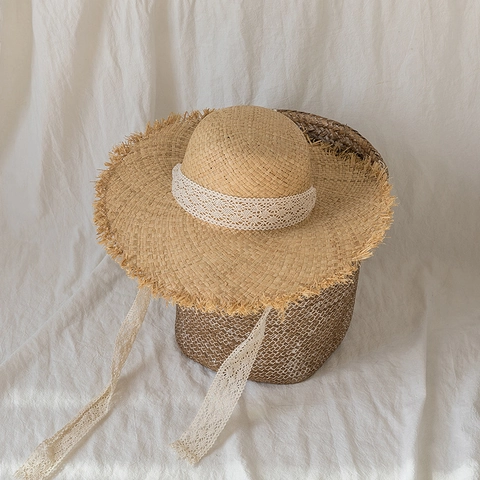 Sombrero de Paja de Rafia Retro Francés para Mujer Verano Ala Ancha Protección Solar Sombrero de Playa Con Cinta de Encaje Borde Deshilachado